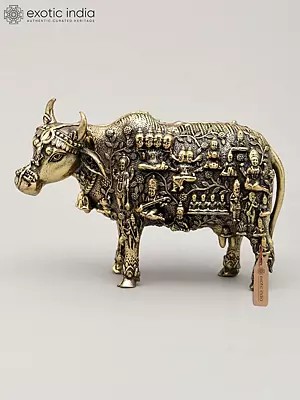 4" Small Superfine Kamadhenu Cow with All Gods and Goddess | Brass Statue