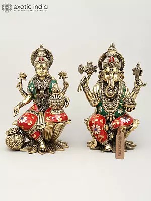 10" Superfine Lakshmi Ganesha Pair | Brass Statue with Inlay Work