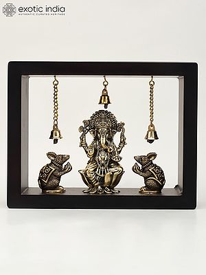 9" Wood Framed Superfine Lord Ganesha with Mushak in Brass | Wall Hanging