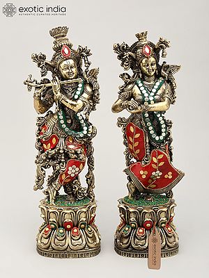 11" Superfine Standing Radha Krishna Pair | Brass Statues with Inlay Work