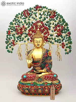 22" Blessing Lord Buddha Seated Under The Bodhi Tree | Brass Statue with Inlay Work