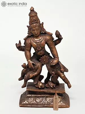 6" Small Lord Vishnu Copper Idol - Asura Vadh with Sudarshan Chakra
