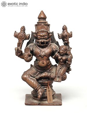 4" Small Lord Narasimha Seated with Devi Lakshmi | Copper Statue