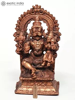 4" Small Lord Narasimha Seated on Kirtimukha Throne with Devi Lakshmi | Copper Statue