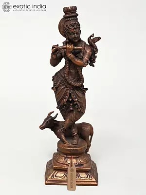 7" Standing Venugopal Krishna with Cow | Copper Statue