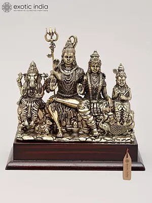 5" Small Superfine Brass Statue of Lord Shiva Family Seated Together with Wood Base | Made in India