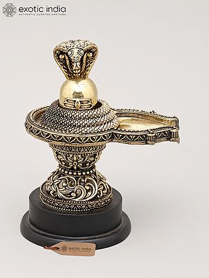 5" Small Superfine Shivling and Protective Vasuki with Wood Base | Brass Statue | Made in India