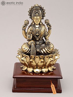 7" Superfine Goddess Dhanalakshmi Seated on Lotus with Four Arms and Wood Base | Brass Sculpture