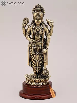 7" Superfine Chaturbhuja Lord Vishnu Idol Standing on Lotus with Wood Base| Brass Statue