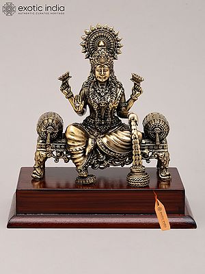 5" Superfine Goddess Dhanalakshmi Seated on Asana with Wood Base | Brass Statue