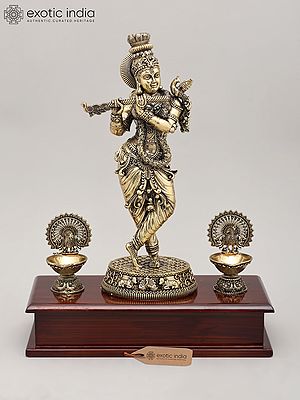 11" Superfine Lord Krishna - The Eternal Flute Player with Wood Base and Oil Lamps | Brass Idol