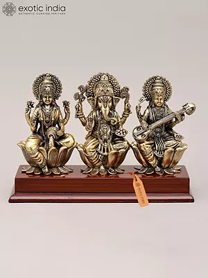 9" Superfine Goddess Lakshmi Ganesha and Saraswati Seated on Wood Base | Brass Sculpture