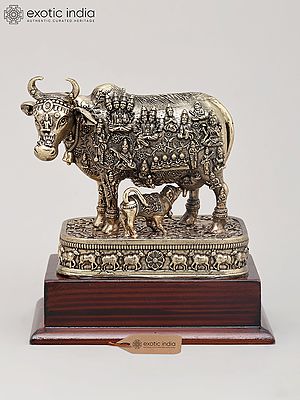 Small Superfine Kamdhenu Cow and Calf with Engraved Many God and Goddess on Wood Base | Brass Figurine
