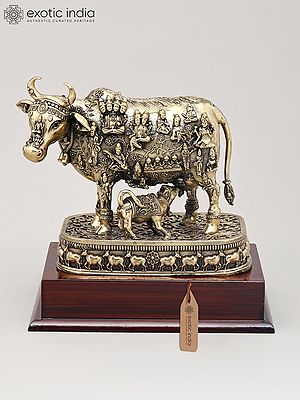 Small Superfine Kamdhenu Cow and Calf with Engraved Many God and Goddess on Wood Base | Brass Figurine