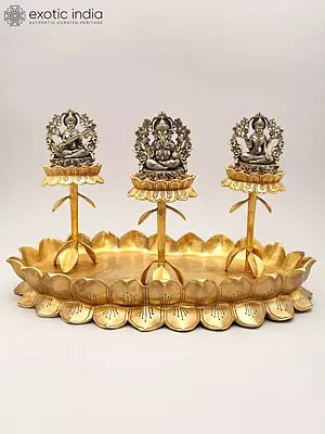 20" Superfine Lakshmi Ganesh Saraswati Trio on Lotus Stand | Brass Statues