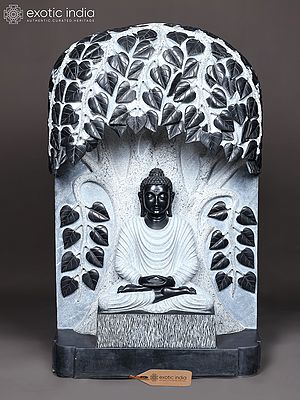 40" Large Marble Buddha Under The Bodhi Tree | Handmade Meditating Buddha Statue | Hand Carved Marble Buddha Sculpture