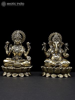 4" Small Superfine Pair of Ganesha Lakshmi Seated on Lotus | Brass Statues