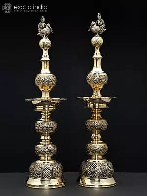 25" Pair of Superfine Peacock Lamps in Brass