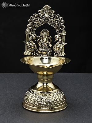 7" Superfine Lord Ganesha Diya (Lamp) in Brass with Kirtimukha Arch