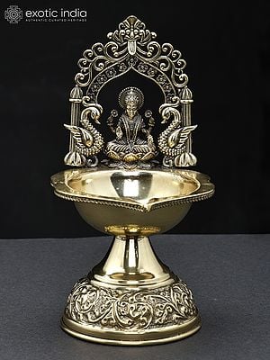 7" Superfine Goddess Lakshmi Diya (Lamp) in Brass with Kirtimukha Arch