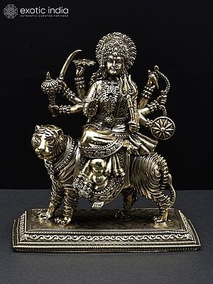 6" Superfine Eight Armed Goddess Durga (Sherawali Maa) Seated on Lion | Brass Statue