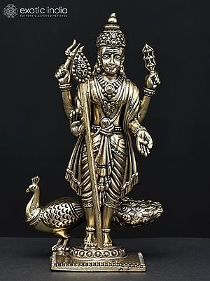 6" Small Superfine Four Armed Standing Lord Murugan (Karttikeya) with Peacock | Brass Statue