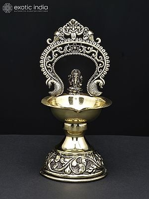 5" Superfine Lord Ganesha Diya (Lamp) in Brass with Kirtimukha Arch