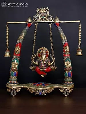 35" Large Lord Ganesha on Kirtimukha Swing with Bells | Brass Statue with Inlay Work