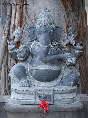 26" Chaturbhuja Lord Ganapati with Mushaka | Granite Stone Statue