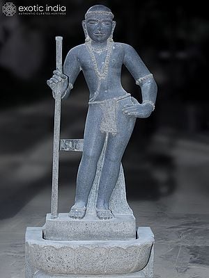 Large Granite Stone Statue of Dhandayuthapani Swamy Standing on Asana