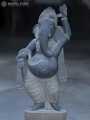 57" Large Lord Ganapati Idol in Dancing Posture | Granite Stone Statue for Temple