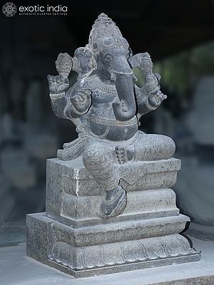 34" Four-Armed Ganapati Seated on Lotus Asana | Granite Stone Idol