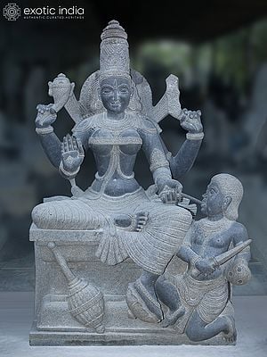 44" Large Seated Four Arms Goddess Baglamukhi Statue | Granite Stone Idol