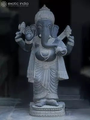 71" Large Standing Lord Ganesha With Modak | Granite Stone Sculpture