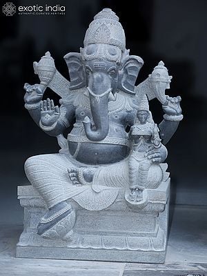 39" Large Four Armed Lord Ganapati With Goddess Statue In Granite Stone