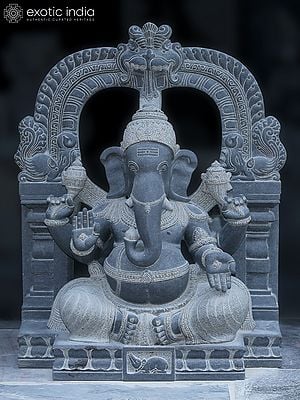 36" Chaturbhuja Ganapati In Blessing Mudra Seated On Kirtimukha Throne | Granite Stone Idol