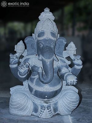 42" Large Granite Stone Sculpture Of Lord Ganesha With Four Arms | Granite Stone Statue