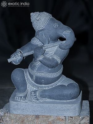 23" Seated Ganapati with Playing Flute | Granite Stone Sculpture