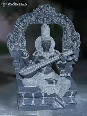 34" Goddess Saraswati Seated on Kirtimukha Throne with Sitar | Granite Stone Statue