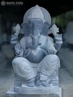 60" Large Sized Statue of Chaturbhuja Ganesha in Blessing Mudra | Granite Stone Idol