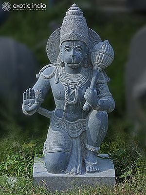 44" Large Lord Hanuman Statue Granting Abhaya To His Devotees | Granite Stone Statue