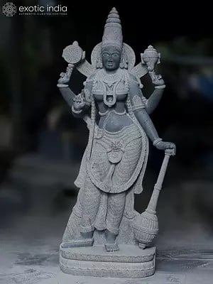 65" Large Standing Chaturbhuja Goddess Narayani with Mace | Granite Stone Idol