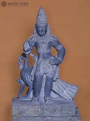 20" Stone Idol Of Lord Kartikeya (Murugan) In Blessing Mudara | Granite Stone Statue