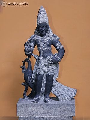 26" Standing Lord Murugan with Peacock | Hand Carved Granite Stone Statue