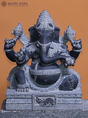 13" Seated Lord Ganesha with Modak | Hand Carved Granite Stone Statue