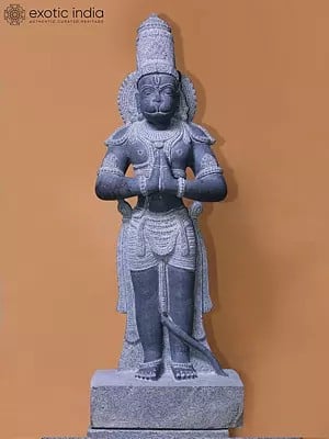 36" Standing Lord Hanuman in Namaskar Mudra | Hand Carved Granite Stone Statue