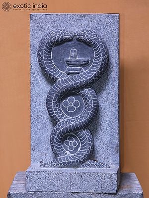 15" Two Snakes with Shiva Linga | Hand Carved Granite Stone Statue