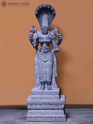 36" Standing Idol Of Lord Narasimha With Base | Hand Carved | Granite Stone Statue