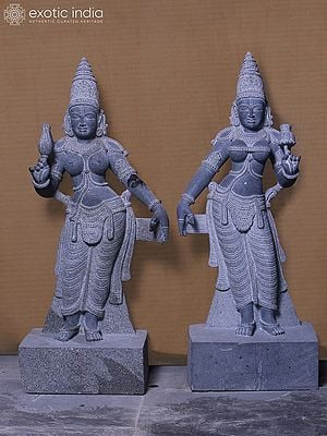 32" Pair Of Standing Goddess Andal With Goddess Lakshmi | Hand Carved | Granite Stone Statue