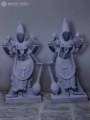 50" Pair of Goddess Maheshwari Hand Carved Granite Stone Statue